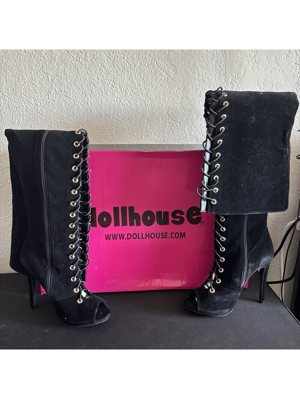 Dollhouse Black Suede Open Toe Lace Up Knee High Stiletto Boots Size 6